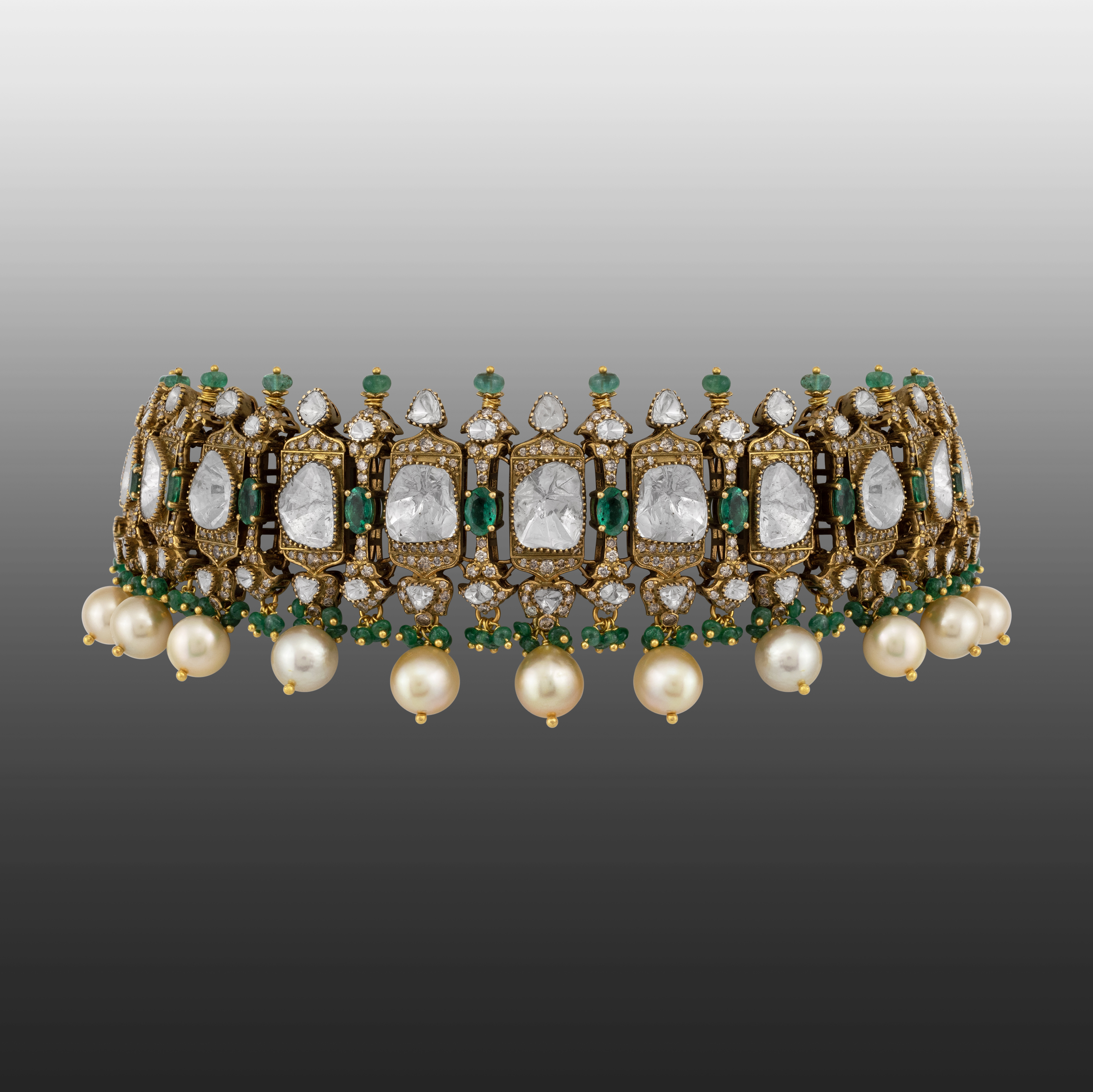 Antique Polki Choker with Emerald and Pearl Fringe